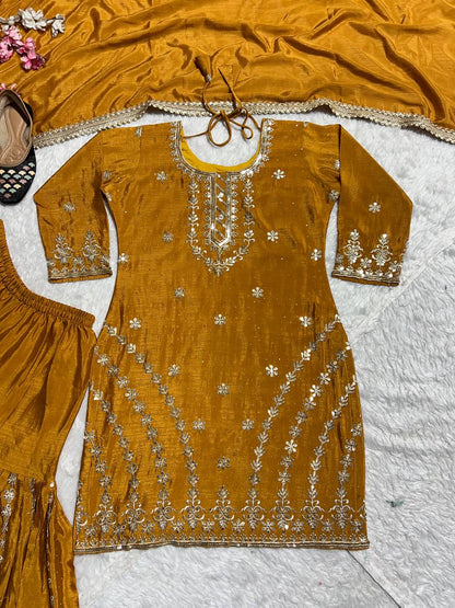 Pure Heavy Chinnon Silk With Heavy Embroidery Work With Fancy Borders Less Work Sleeve With Fancy Latkan Dori.
