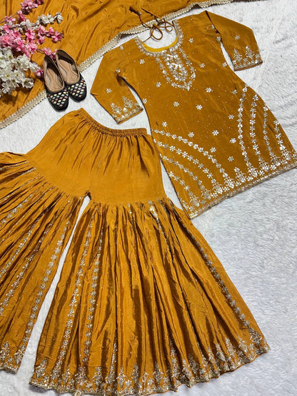 Pure Heavy Chinnon Silk With Heavy Embroidery Work With Fancy Borders Less Work Sleeve With Fancy Latkan Dori.
