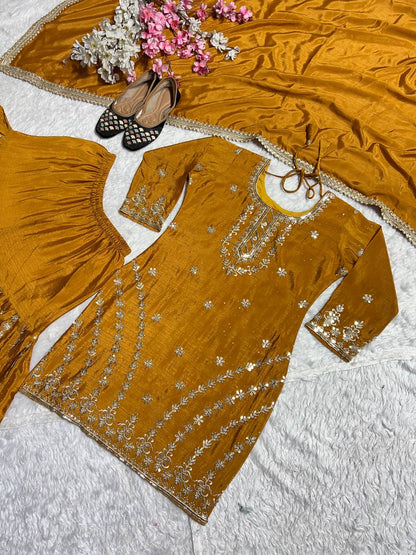 Pure Heavy Chinnon Silk With Heavy Embroidery Work With Fancy Borders Less Work Sleeve With Fancy Latkan Dori.