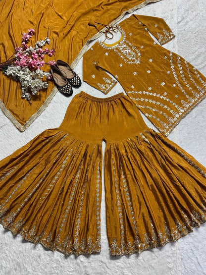 Pure Heavy Chinnon Silk With Heavy Embroidery Work With Fancy Borders Less Work Sleeve With Fancy Latkan Dori.