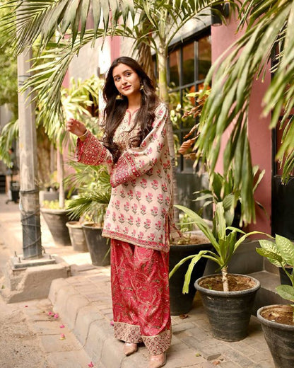 Designer Party Wear Look Pure Natural Creap Top & Farshi Plazzo With Dupatta Set