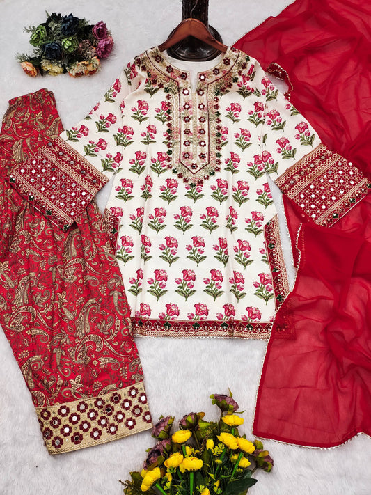 Designer Party Wear Look Pure Natural Creap Top & Farshi Plazzo With Dupatta Set