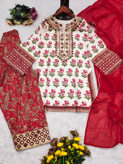 Designer Party Wear Look Pure Natural Creap Top & Farshi Plazzo With Dupatta Set