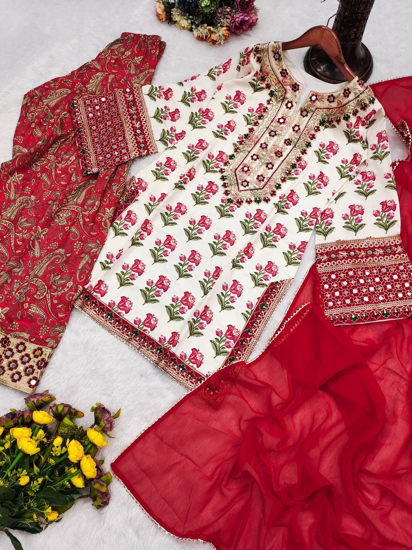 Designer Party Wear Look Pure Natural Creap Top & Farshi Plazzo With Dupatta Set