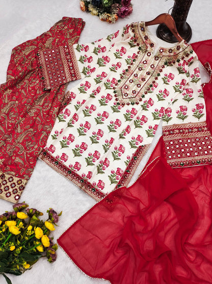 Designer Party Wear Look Pure Natural Creap Top & Farshi Plazzo With Dupatta Set