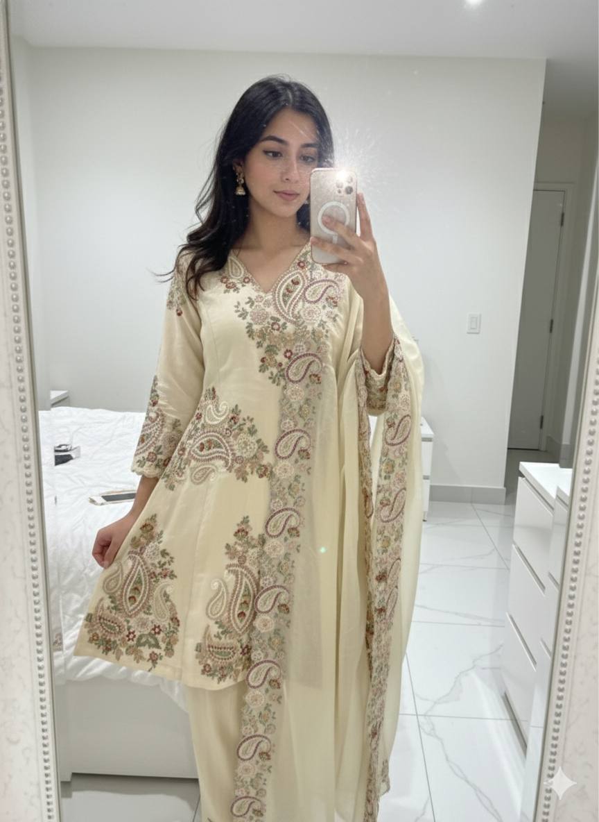 PERFECT FOR PARTY AND WEDDING OUR DESIGNER WEAR EMBROIDERED TOP PLAZZO AND DUPATTA IN FENDY