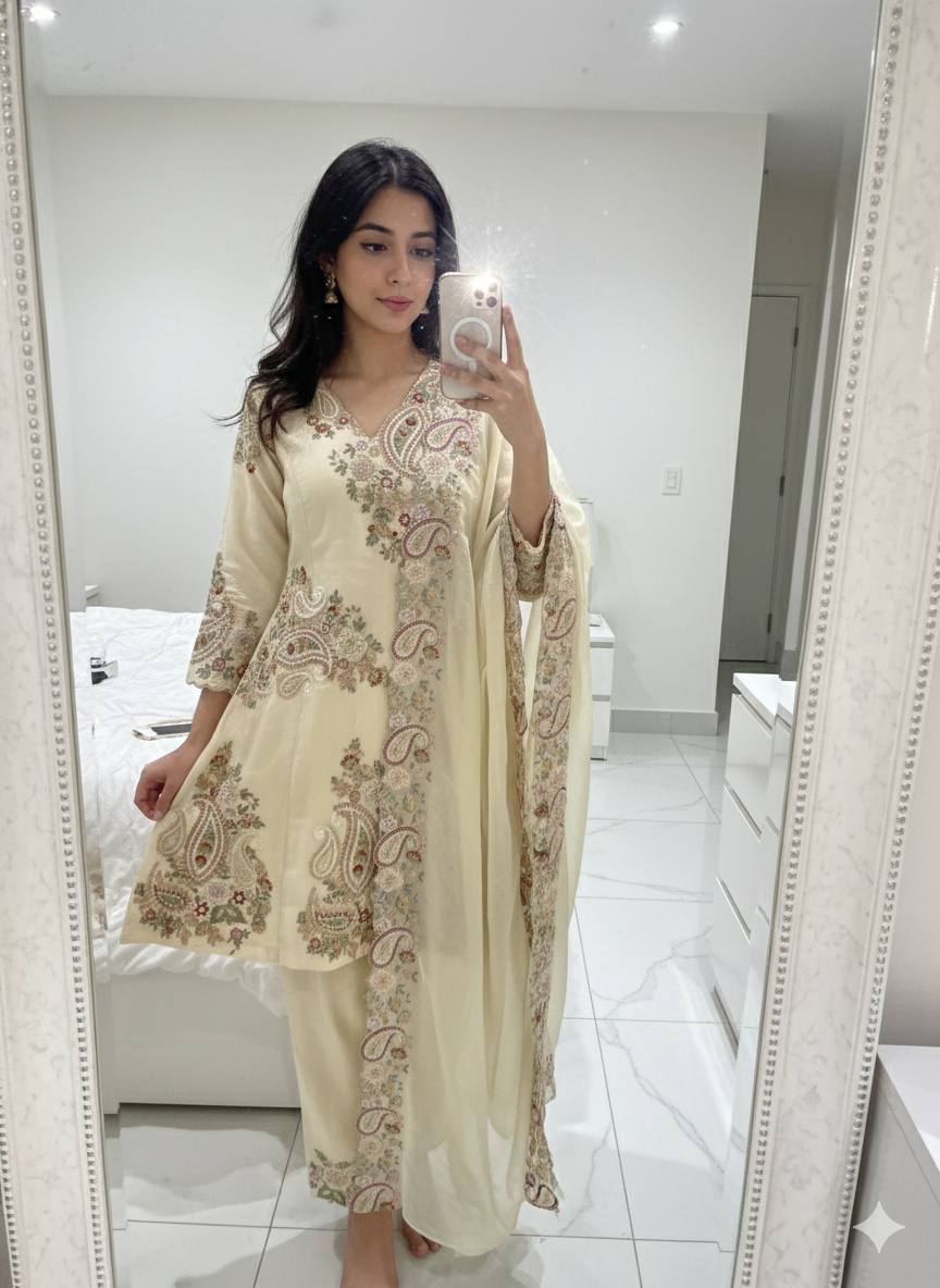 PERFECT FOR PARTY AND WEDDING OUR DESIGNER WEAR EMBROIDERED TOP PLAZZO AND DUPATTA IN FENDY