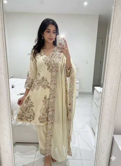 PERFECT FOR PARTY AND WEDDING OUR DESIGNER WEAR EMBROIDERED TOP PLAZZO AND DUPATTA IN FENDY