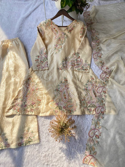 PERFECT FOR PARTY AND WEDDING OUR DESIGNER WEAR EMBROIDERED TOP PLAZZO AND DUPATTA IN FENDY
