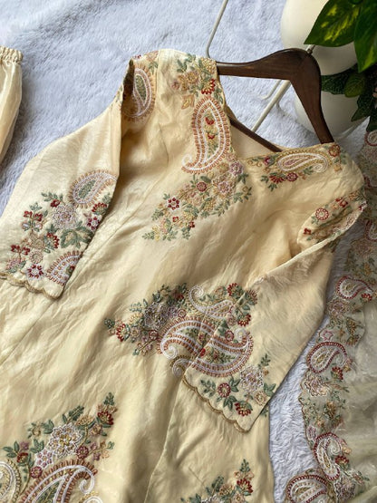 PERFECT FOR PARTY AND WEDDING OUR DESIGNER WEAR EMBROIDERED TOP PLAZZO AND DUPATTA IN FENDY