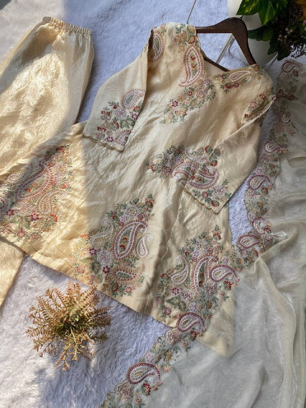 PERFECT FOR PARTY AND WEDDING OUR DESIGNER WEAR EMBROIDERED TOP PLAZZO AND DUPATTA IN FENDY