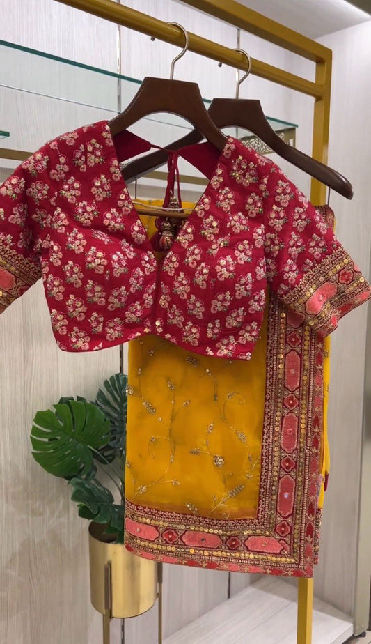 yellow colour beautiful Designer Saree on Havy Organza Silk Febric with 9MM Sequnce With Thred work and Blouse on Mono Benglori Silk Febric With Sequnce & Thred work.
