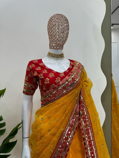 yellow colour beautiful Designer Saree on Havy Organza Silk Febric with 9MM Sequnce With Thred work and Blouse on Mono Benglori Silk Febric With Sequnce & Thred work.