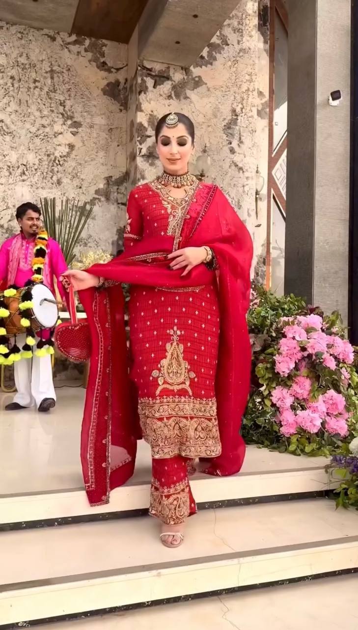 New Designer Collection In CRUNCHY SILK With Heavy Embroidery Sequence Work Top-Bottom And Dupatta Set Fully Stitched Ready To Wear