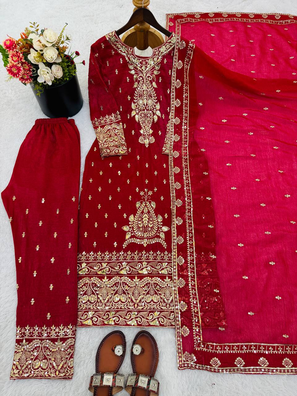 New Designer Collection In CRUNCHY SILK With Heavy Embroidery Sequence Work Top-Bottom And Dupatta Set Fully Stitched Ready To Wear