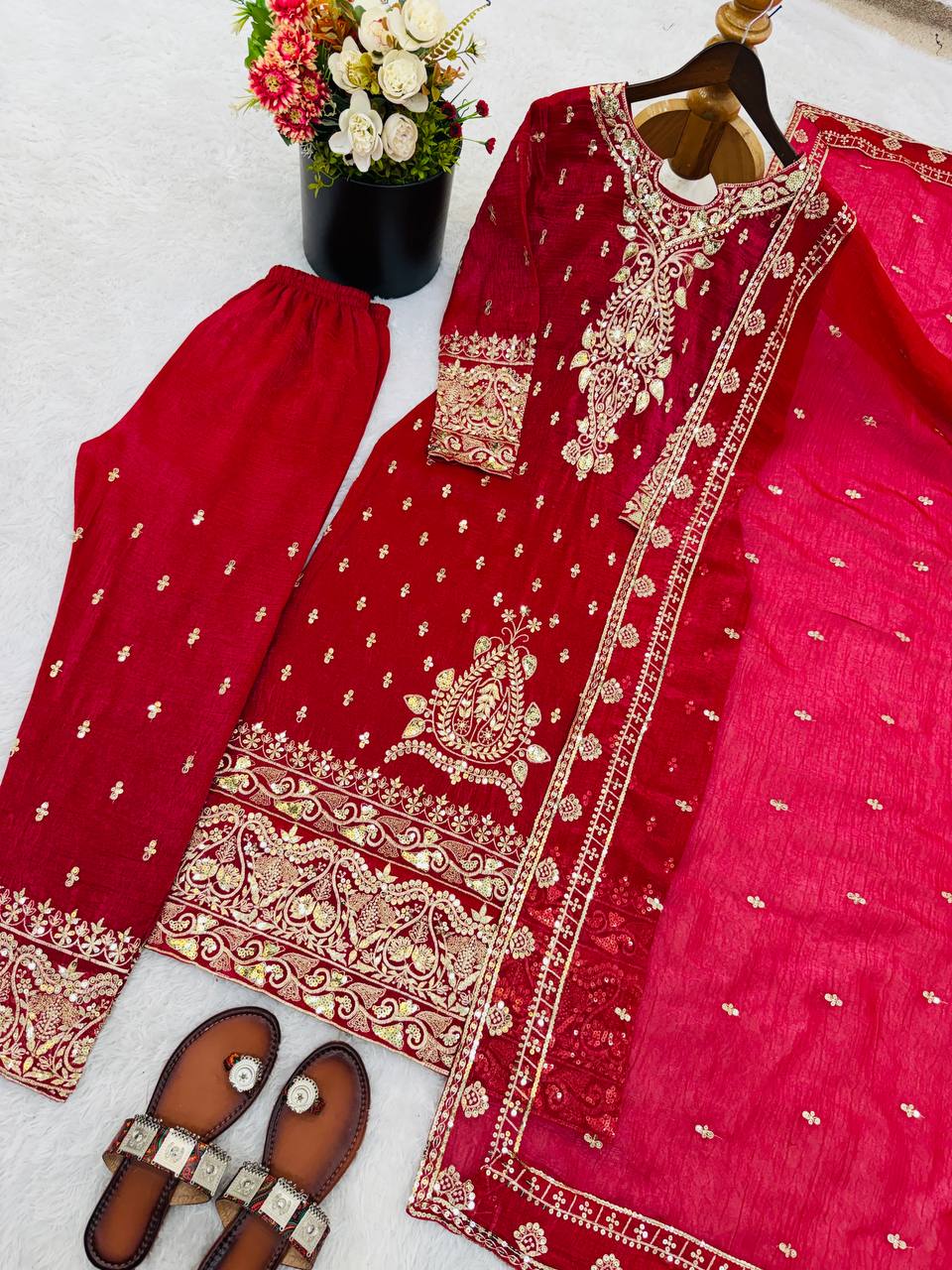 New Designer Collection In CRUNCHY SILK With Heavy Embroidery Sequence Work Top-Bottom And Dupatta Set Fully Stitched Ready To Wear
