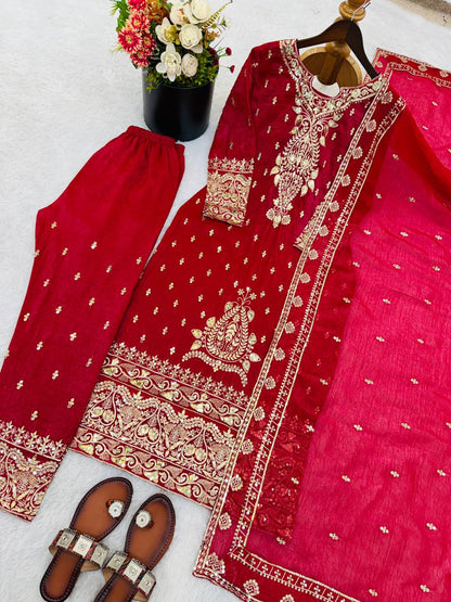 New Designer Collection In CRUNCHY SILK With Heavy Embroidery Sequence Work Top-Bottom And Dupatta Set Fully Stitched Ready To Wear