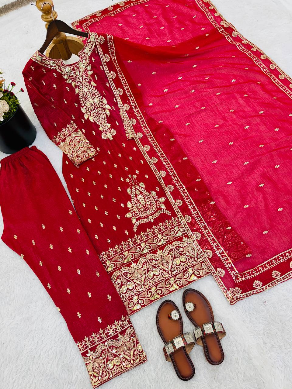 New Designer Collection In CRUNCHY SILK With Heavy Embroidery Sequence Work Top-Bottom And Dupatta Set Fully Stitched Ready To Wear