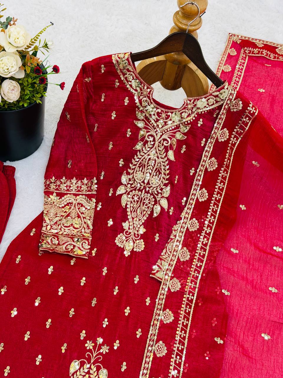 New Designer Collection In CRUNCHY SILK With Heavy Embroidery Sequence Work Top-Bottom And Dupatta Set Fully Stitched Ready To Wear