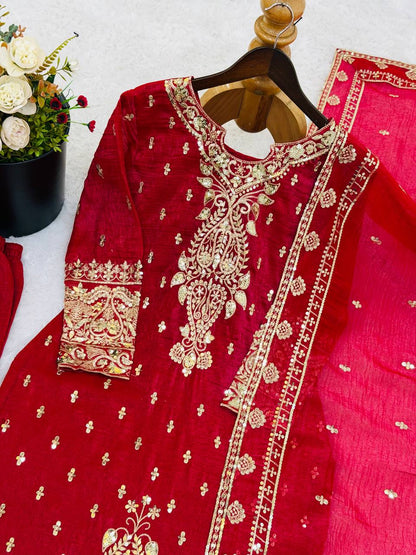 New Designer Collection In CRUNCHY SILK With Heavy Embroidery Sequence Work Top-Bottom And Dupatta Set Fully Stitched Ready To Wear