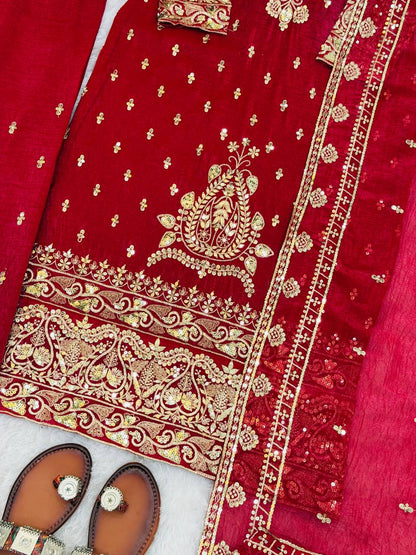 New Designer Collection In CRUNCHY SILK With Heavy Embroidery Sequence Work Top-Bottom And Dupatta Set Fully Stitched Ready To Wear