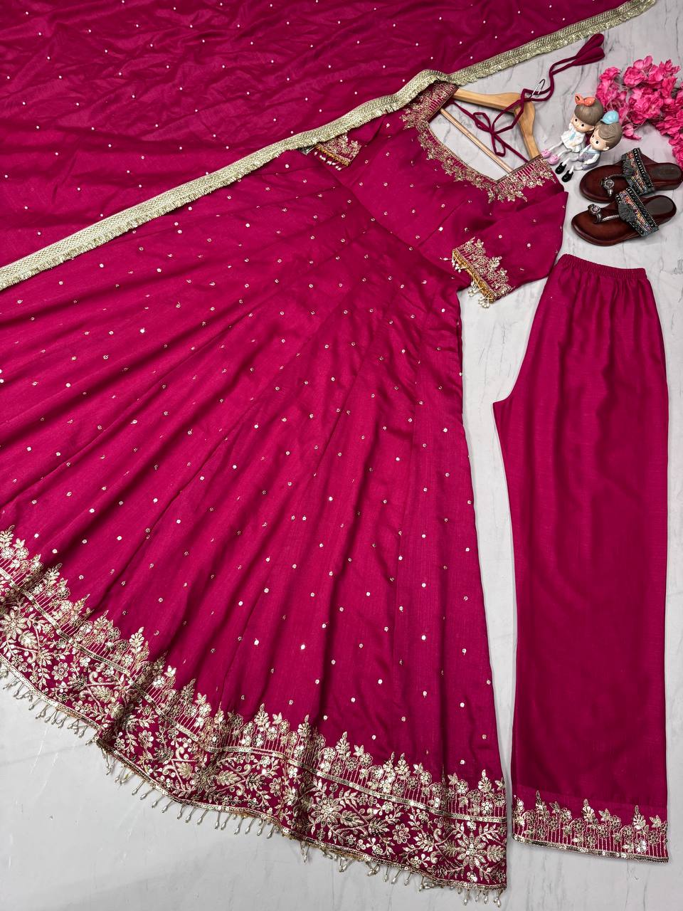 gown Pure Vichitra Silk Anarkali Gown,Dupatta & Pent Plazzo Set
