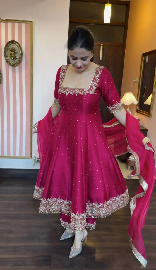 gown Pure Vichitra Silk Anarkali Gown,Dupatta & Pent Plazzo Set