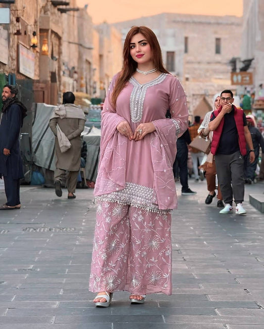 Elegant Embroidered Top Plazzo with Dupatta Set