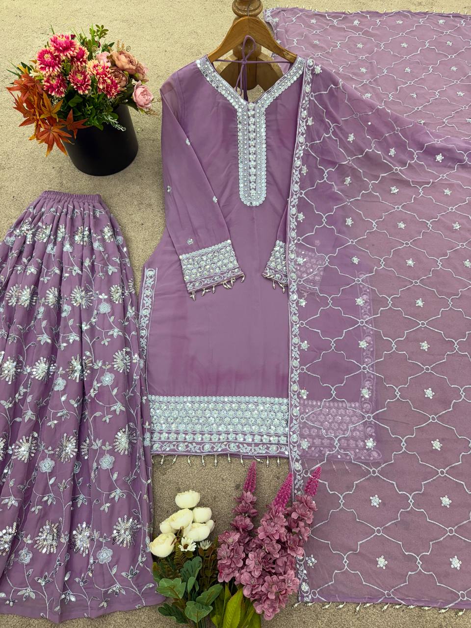 Elegant Embroidered Top Plazzo with Dupatta Set