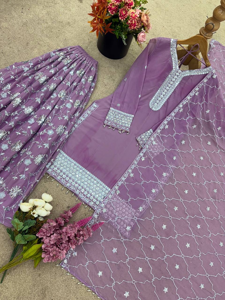 Elegant Embroidered Top Plazzo with Dupatta Set
