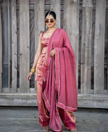 Đěsigner Party Wear Look Heavy Fendy Silk Top Farshi & Dupatta Set