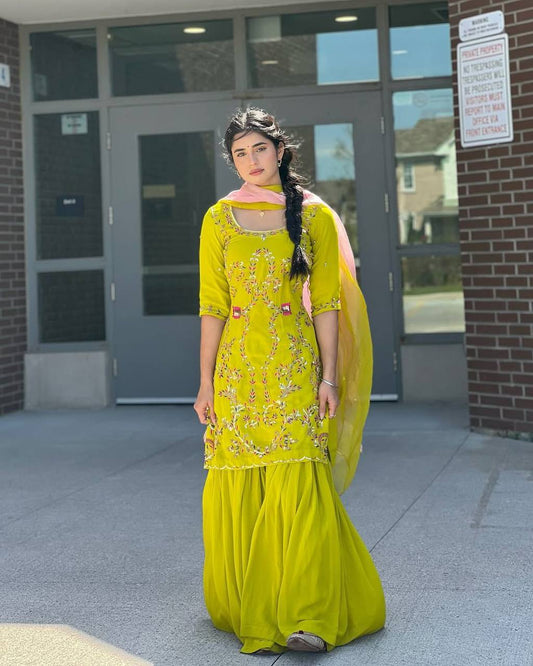 DESIGNER WEAR EXCLUSIVE SARARA SUIT IN EMBROIDERED WORKED TOP AND SARARA WITH DUPATTA PAIR