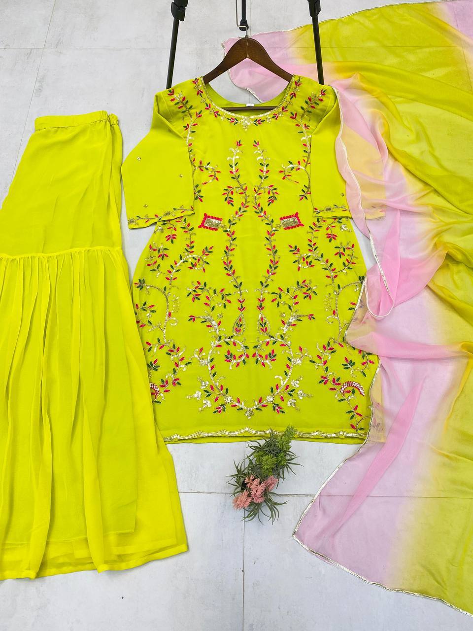 DESIGNER WEAR EXCLUSIVE SARARA SUIT IN EMBROIDERED WORKED TOP AND SARARA WITH DUPATTA PAIR