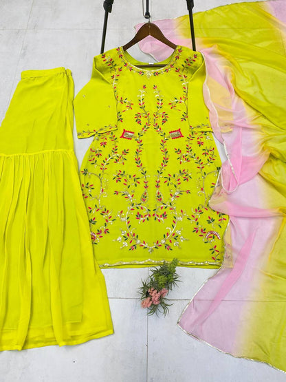 DESIGNER WEAR EXCLUSIVE SARARA SUIT IN EMBROIDERED WORKED TOP AND SARARA WITH DUPATTA PAIR