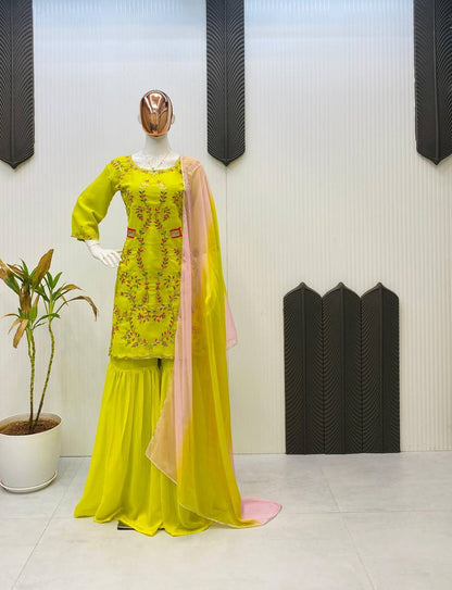DESIGNER WEAR EXCLUSIVE SARARA SUIT IN EMBROIDERED WORKED TOP AND SARARA WITH DUPATTA PAIR