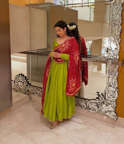 DESIGNER AND ELEGANCE GOWN IN THREE PIECE WITH  PRINTED BANDHNI DUPATTA