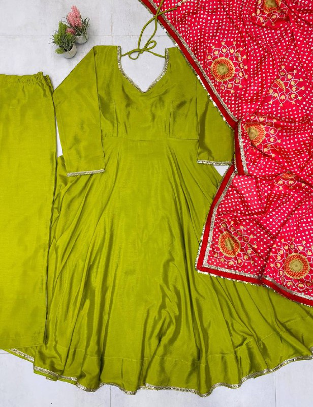DESIGNER AND ELEGANCE GOWN IN THREE PIECE WITH  PRINTED BANDHNI DUPATTA