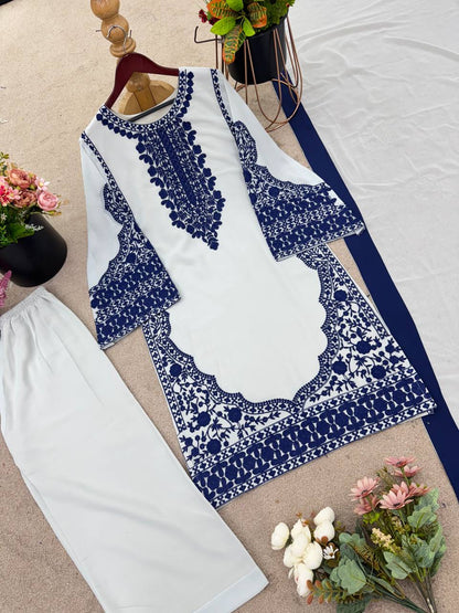 Exclusive Elegant Embroidered Top Plazzo with Dupatta Set