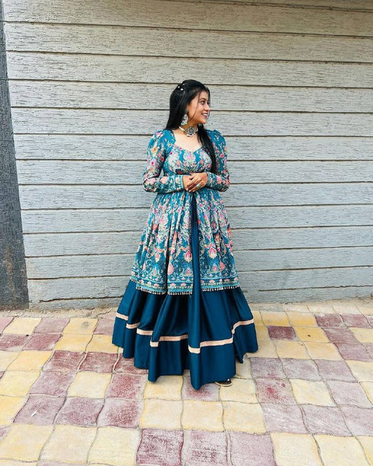 NAVRATRI WEAR BEUTIQUE STYLES RAYON PRINTED TOP WITH FULL FLAIR LEHENGA