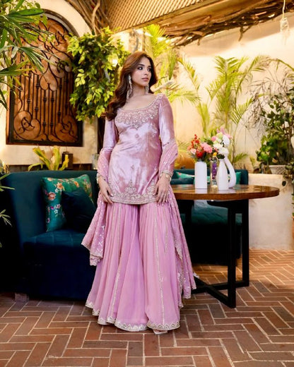 DESIGNER HEAVY JIMMY CHOO ORGANZA EMBROIDERED SEQUENCE WORK WITH FANCY TOP SHARARA DUPATTA SET