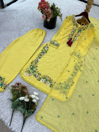 Designer Party Wear Look Top-Plazzo and Dupatta With Heavy Embroidery Work