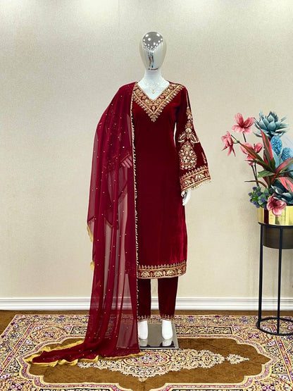 Heavy Pure Viscose Velvet With Embroidery  suit