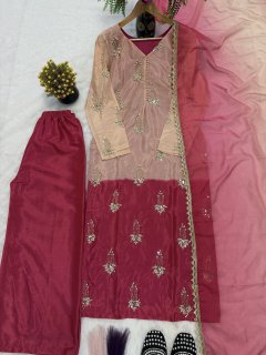 FANCY  PURE HEAVY CHINNON SILK REAL BIDS AND MOTI HAND WORK TOP AND PLAZO WITH DUPATTA