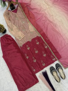 FANCY  PURE HEAVY CHINNON SILK REAL BIDS AND MOTI HAND WORK TOP AND PLAZO WITH DUPATTA