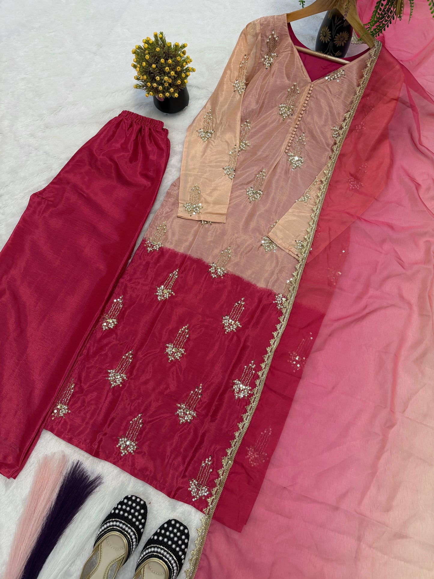 FANCY  PURE HEAVY CHINNON SILK REAL BIDS AND MOTI HAND WORK TOP AND PLAZO WITH DUPATTA