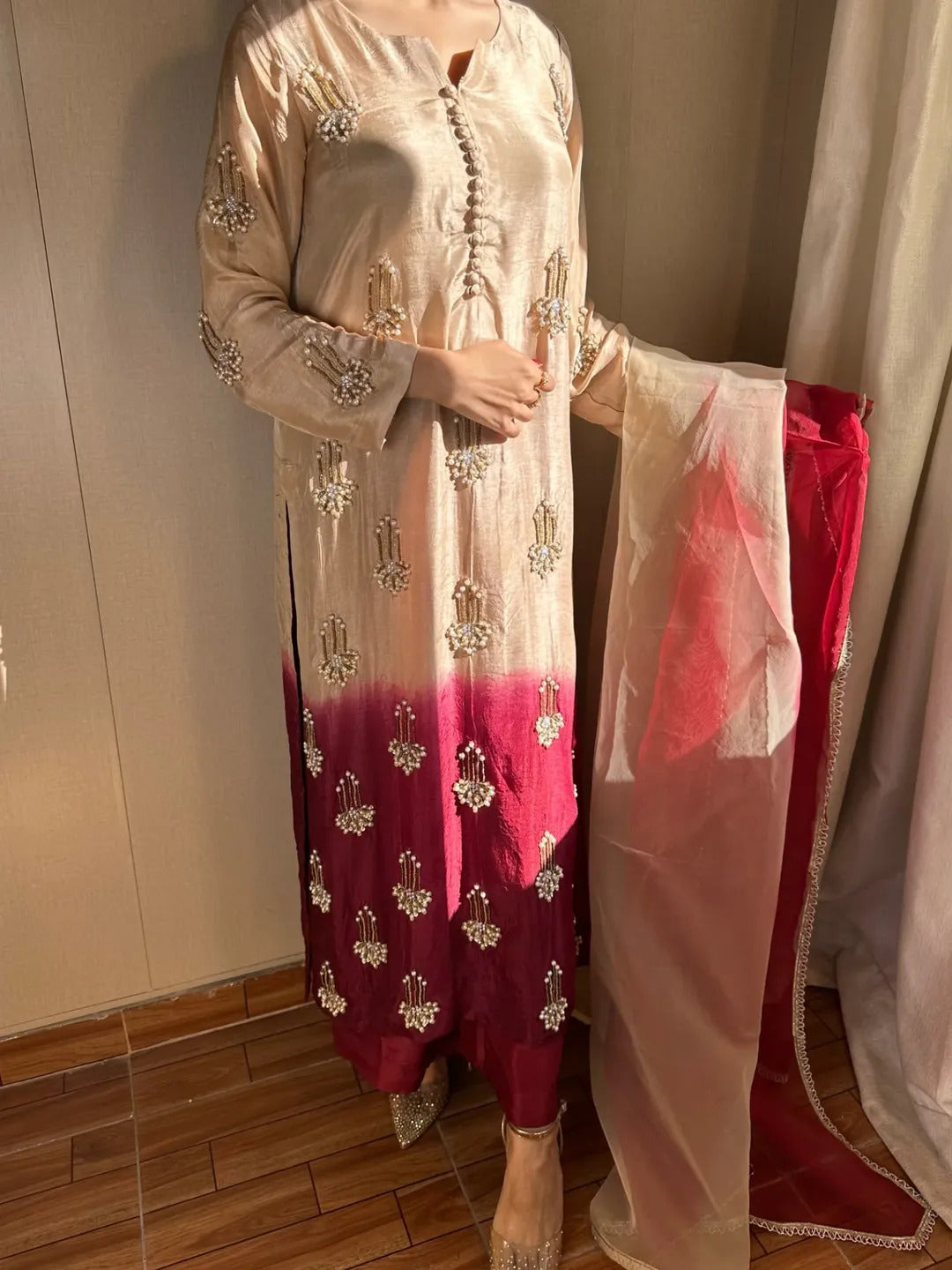 FANCY  PURE HEAVY CHINNON SILK REAL BIDS AND MOTI HAND WORK TOP AND PLAZO WITH DUPATTA