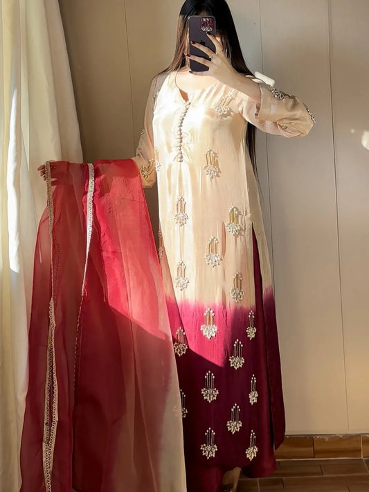 FANCY  PURE HEAVY CHINNON SILK REAL BIDS AND MOTI HAND WORK TOP AND PLAZO WITH DUPATTA