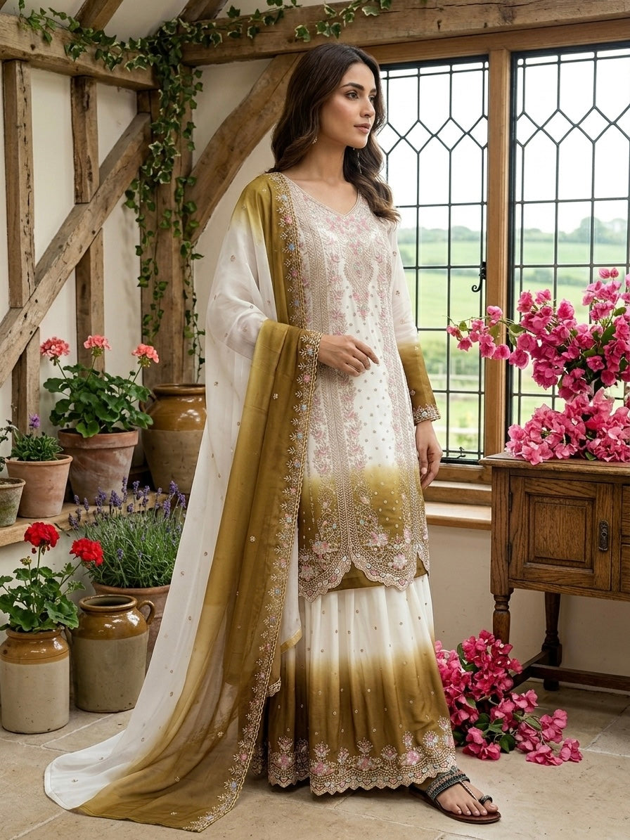 Đěsigner Party Wear Look Pur Heavy Dual Tone Peding Star Georgette Top Plazzo & Dupatta Set
