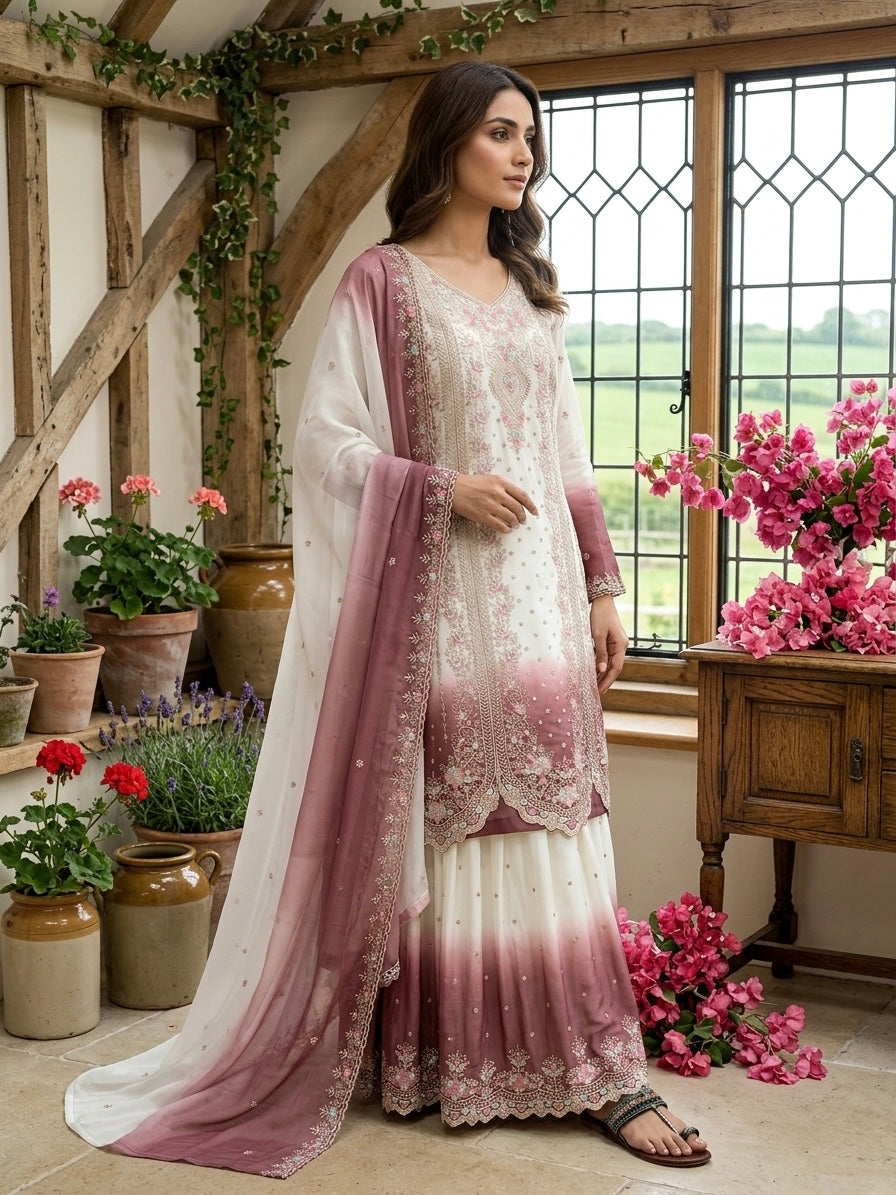Đěsigner Party Wear Look Pur Heavy Dual Tone Peding Star Georgette Top Plazzo & Dupatta Set