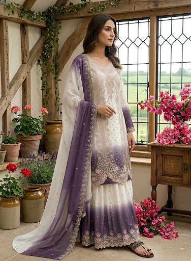 Đěsigner Party Wear Look Pur Heavy Dual Tone Peding Star Georgette Top Plazzo & Dupatta Set